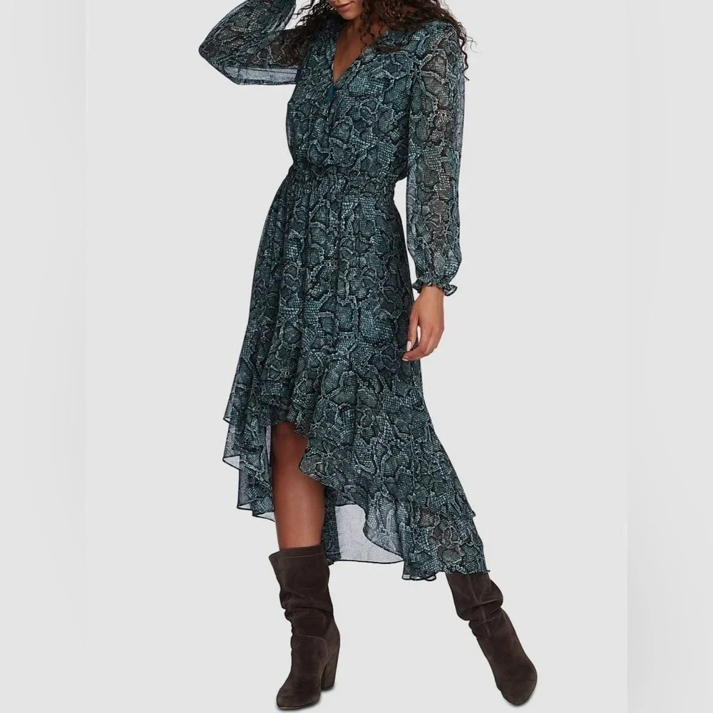 1.State Womens Green Snake-Print V-Neck Faux-Wrap Ruffle Midi Dress Size Large